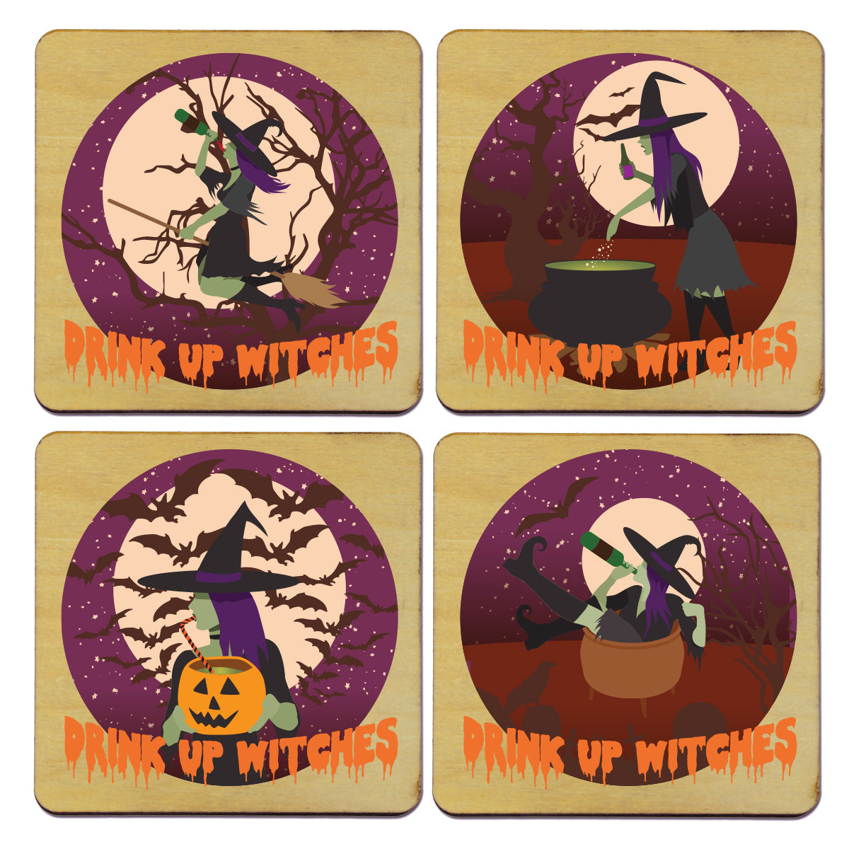 Drink Up Witches! Set of 4 Wood Coasters