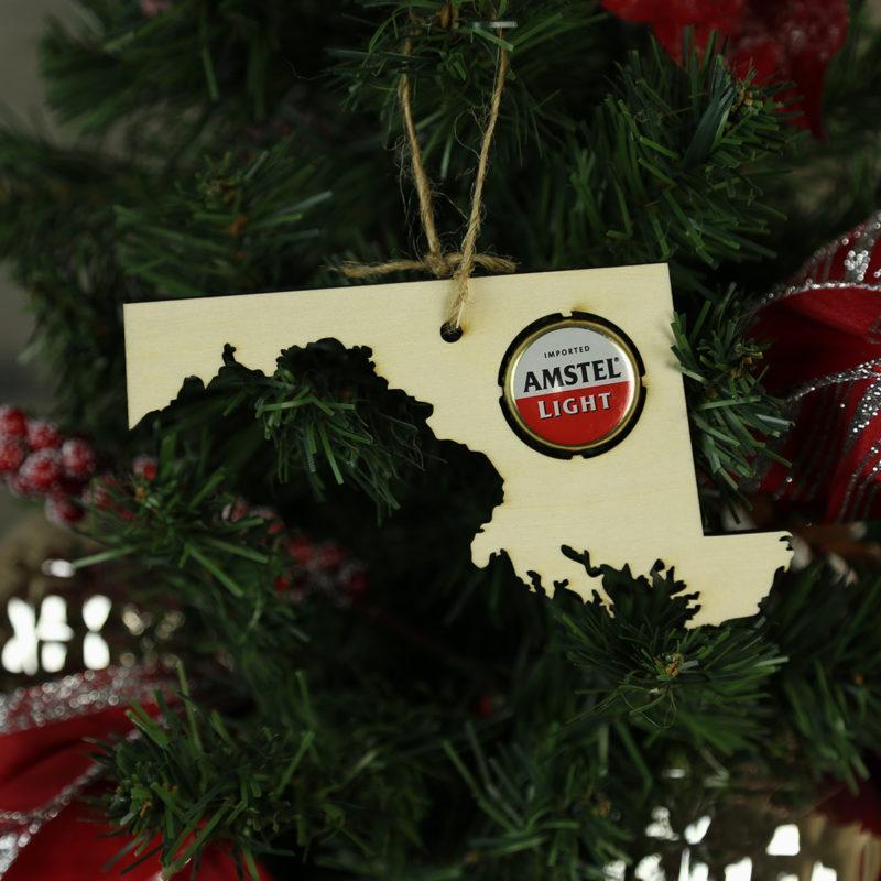 WOODEN STATE-THEMED CHRISTMAS ORNAMENTS - BEER CAP TRAP