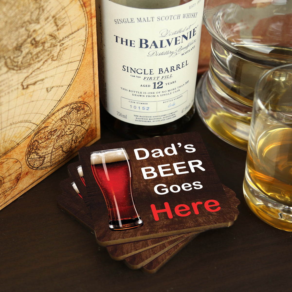 Set of 4 Father&#39;s Day Coasters- Dad&#39;s Beer Goes Here
