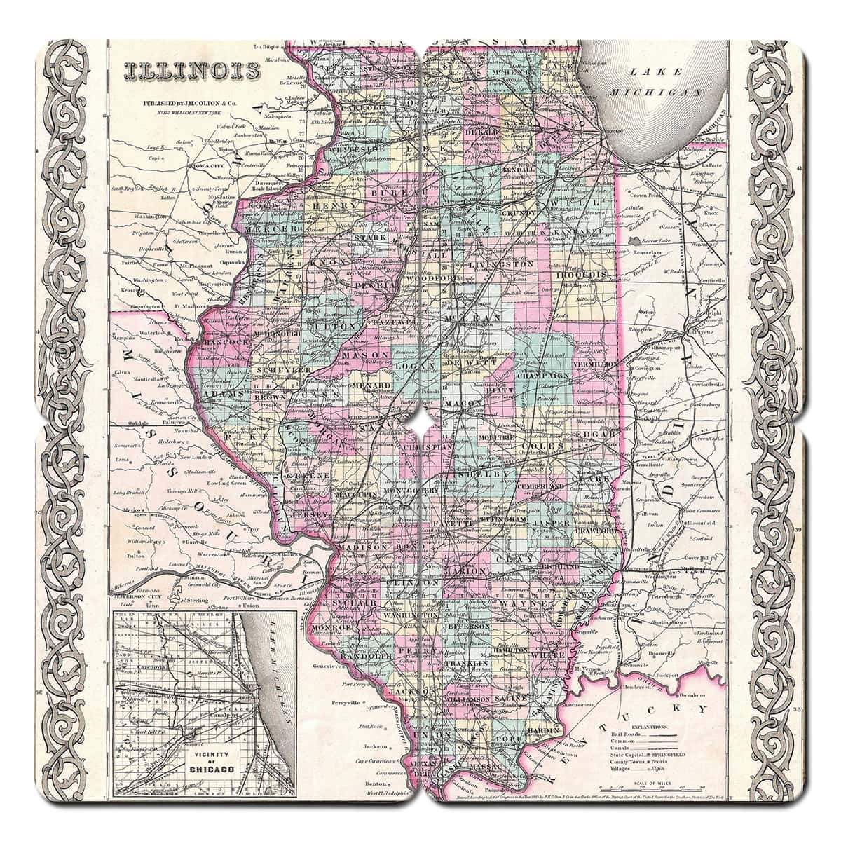 Torched Products Coasters Illinois Old World Map Coaster (790592913525)