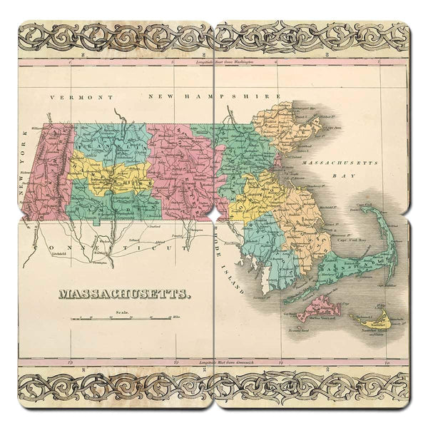 Massachusetts Old World Map Coaster - Torched Products