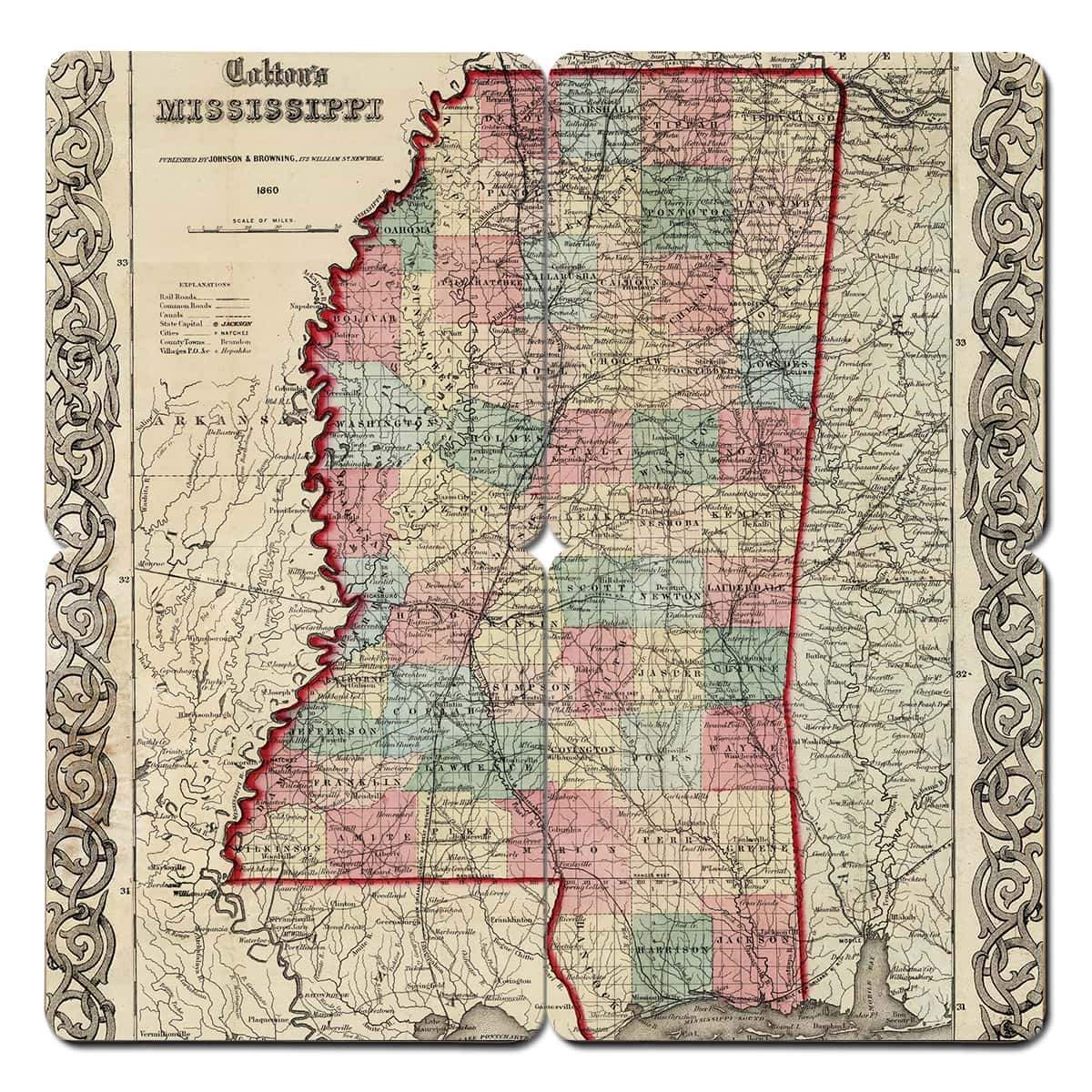 Mississippi Old World Map Coaster - Torched Products