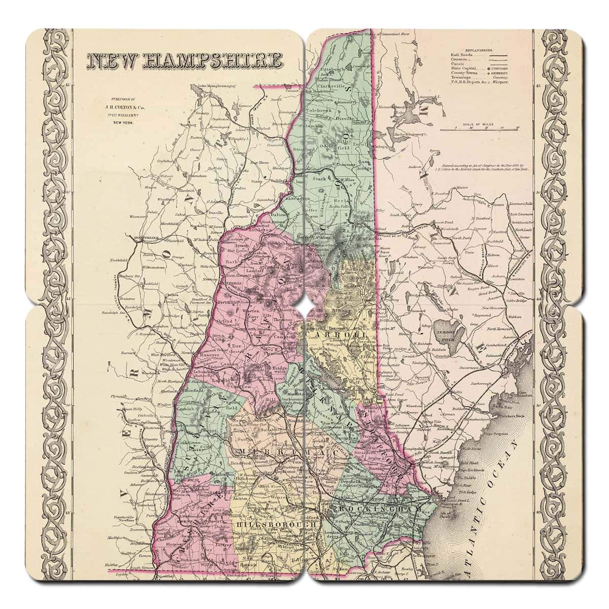 Torched Products Coasters New Hampshire Old World Map Coaster (790595141749)