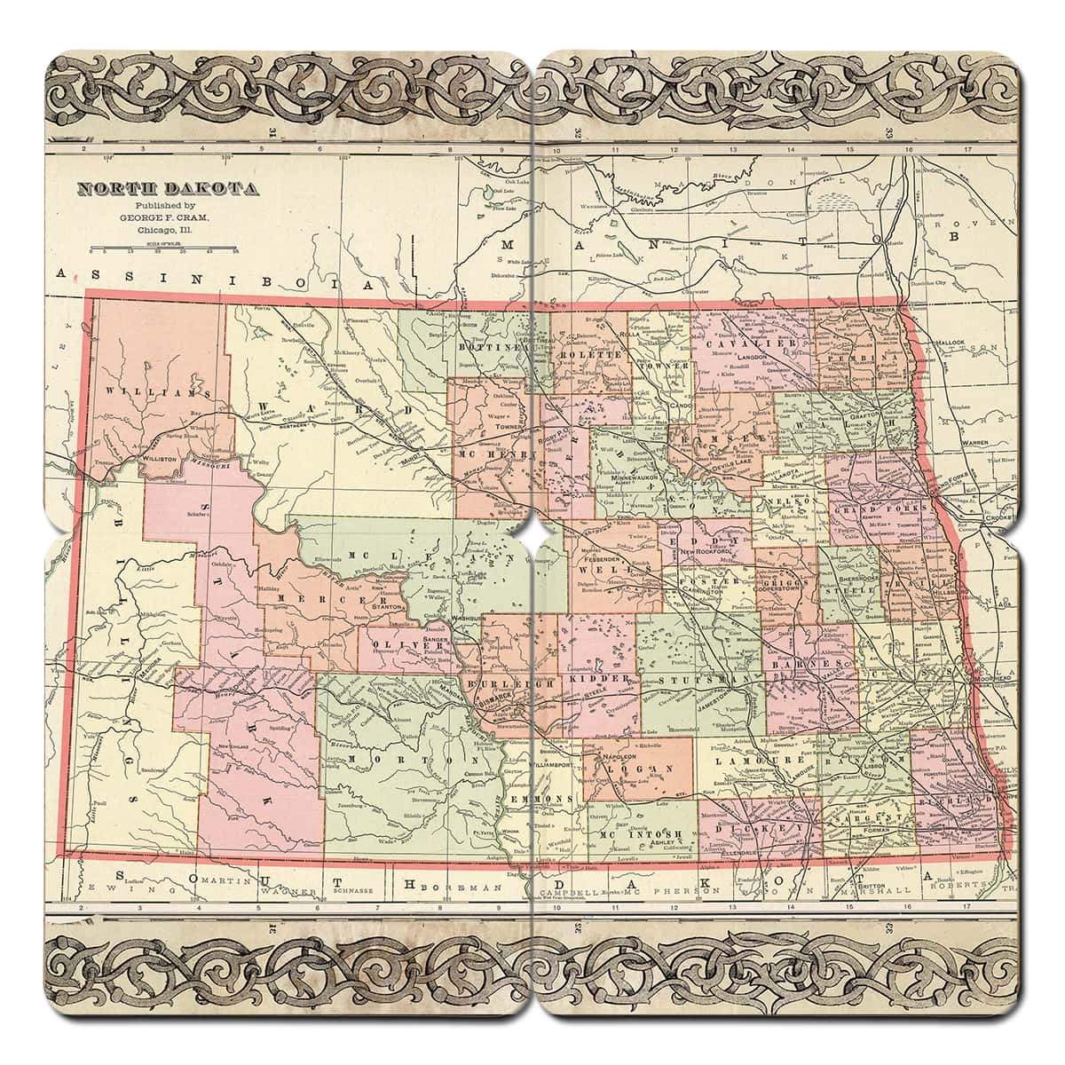Torched Products Coasters North Dakota Old World Map Coaster (790594420853)