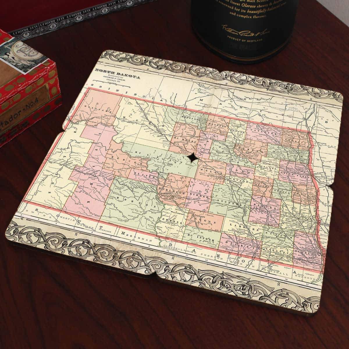 Torched Products Coasters North Dakota Old World Map Coaster (790594420853)