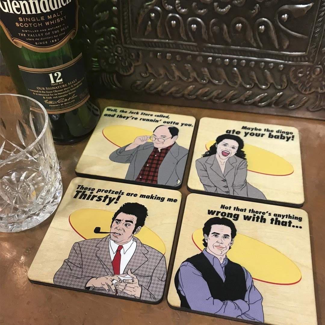 Torched Products Coasters Set of 4 Seinfeld Inspired Wood Coasters, All Natural Wood Drink Coasters in Color (778290036853)