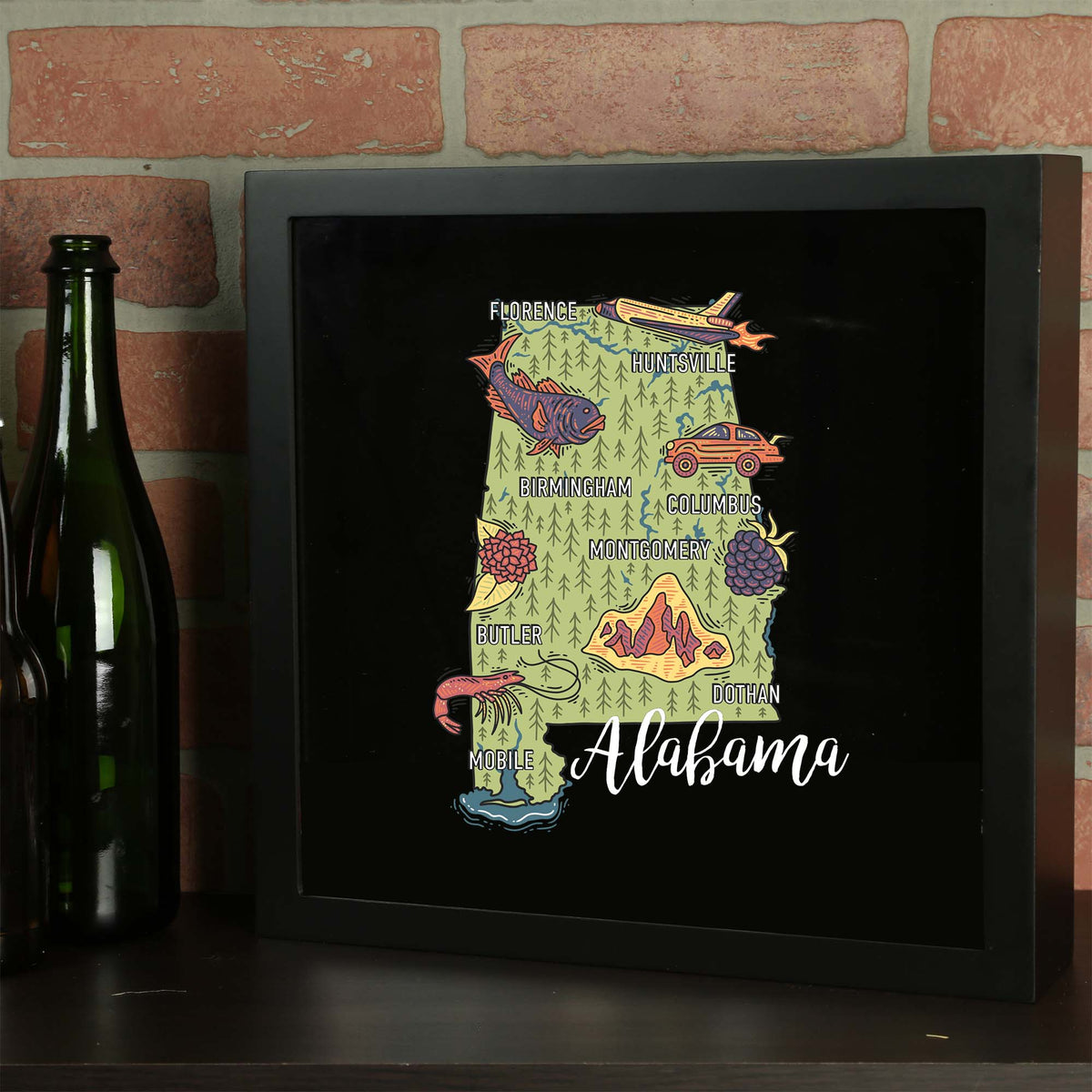 Torched Products Barware Alabama / Black State Map Design Shadow Box