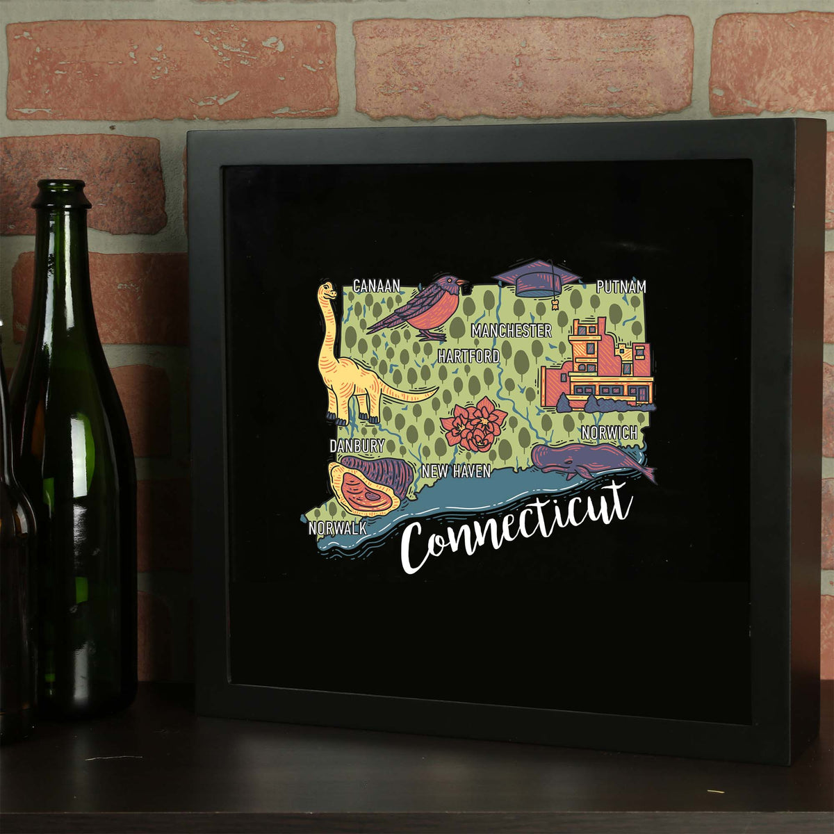 Torched Products Barware Connecticut / Black State Map Design Shadow Box
