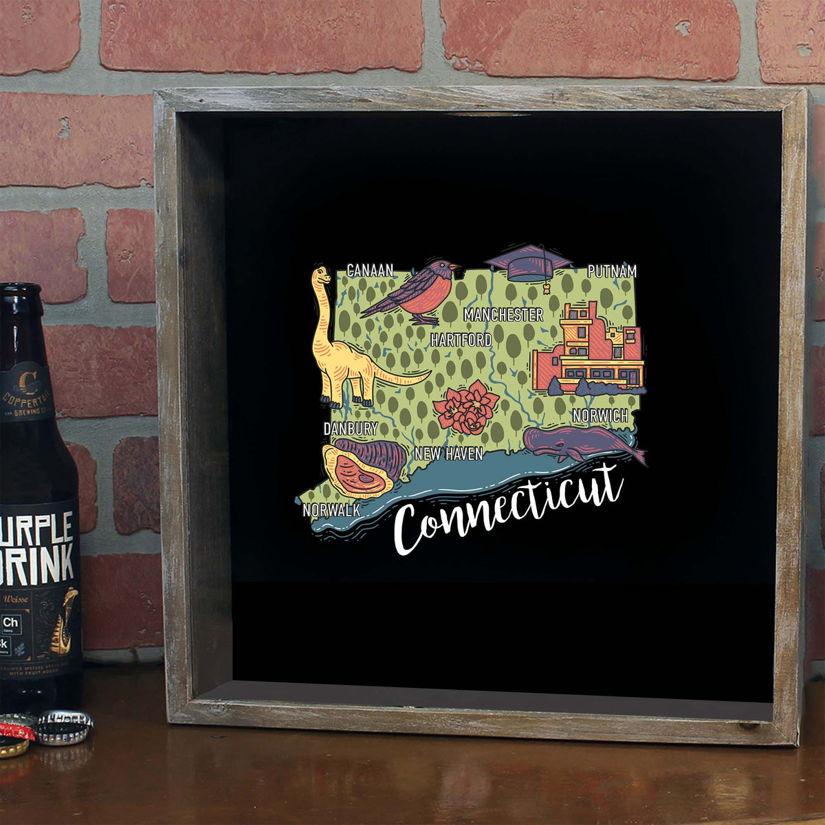 Torched Products Barware Connecticut / Gray State Map Design Shadow Box