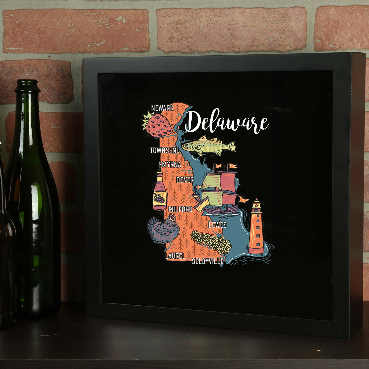 Torched Products Barware Delaware / Black State Map Design Shadow Box