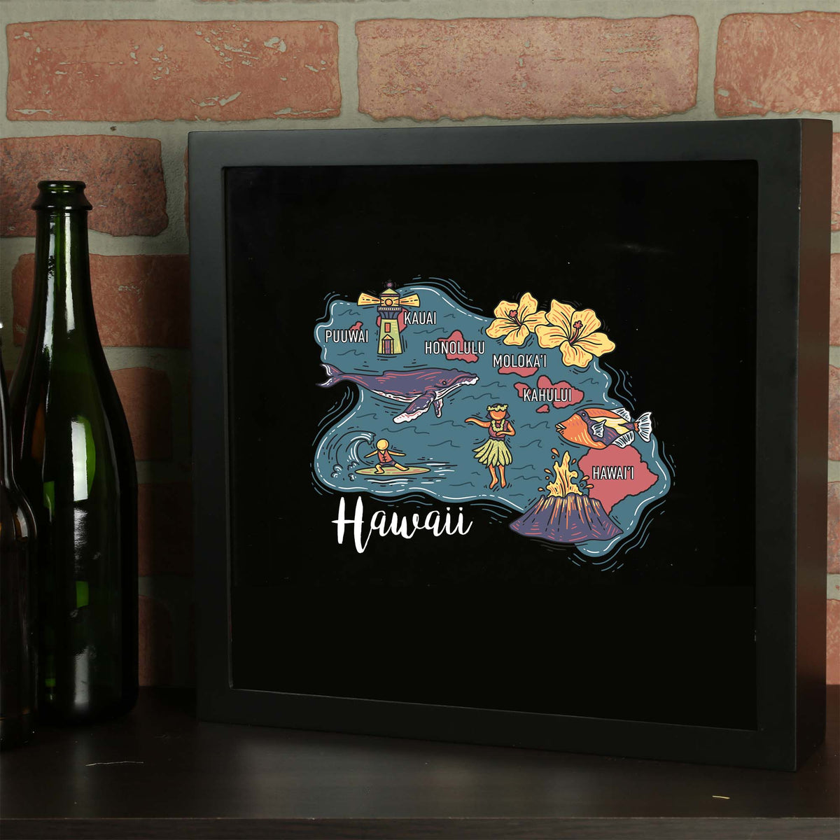 Torched Products Barware Hawaii / Black State Map Design Shadow Box