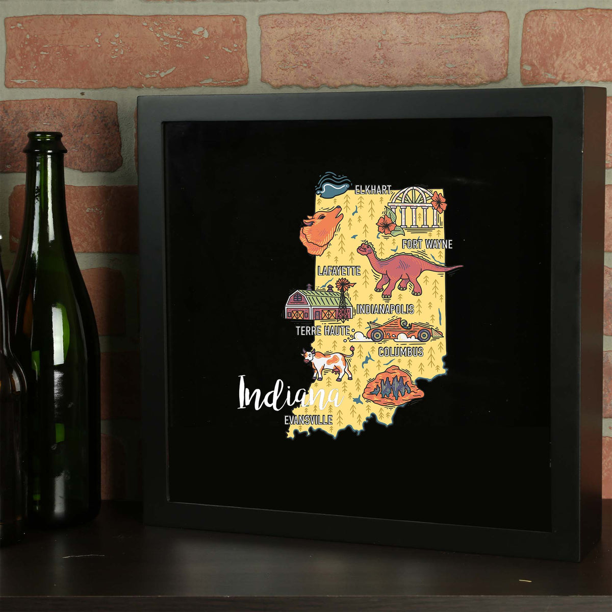 Torched Products Barware Indiana / Black State Map Design Shadow Box