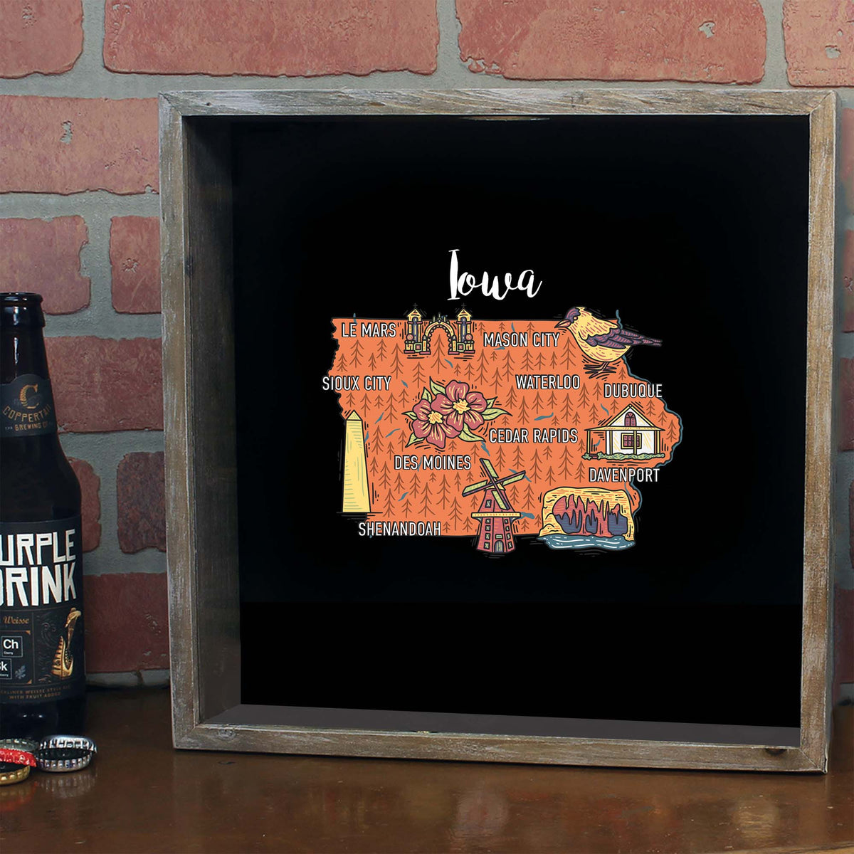 Torched Products Barware Iowa / Gray State Map Design Shadow Box