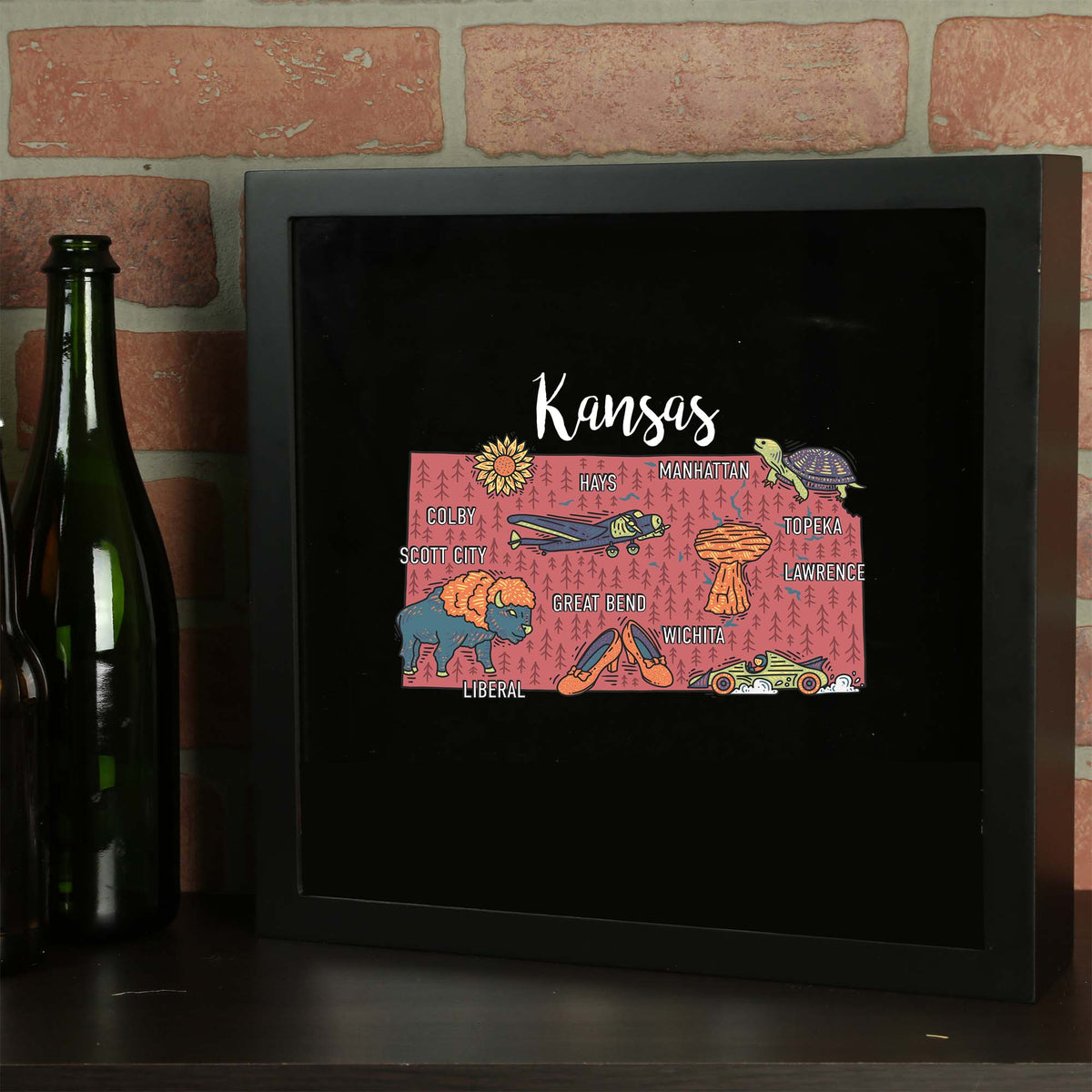 Torched Products Barware Kansas / Black State Map Design Shadow Box