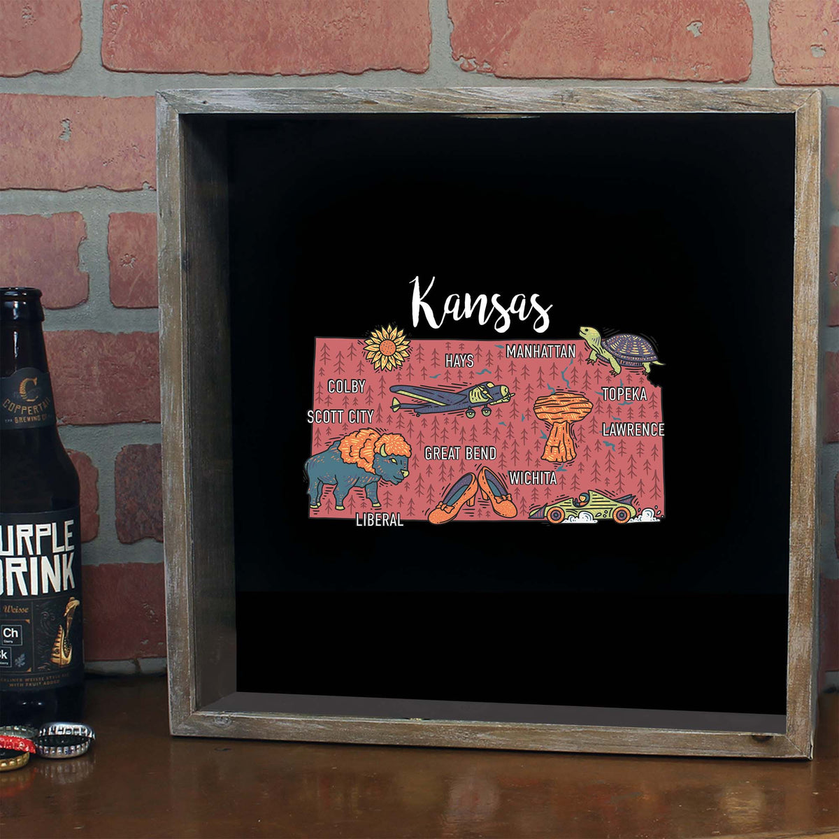 Torched Products Barware Kansas / Gray State Map Design Shadow Box