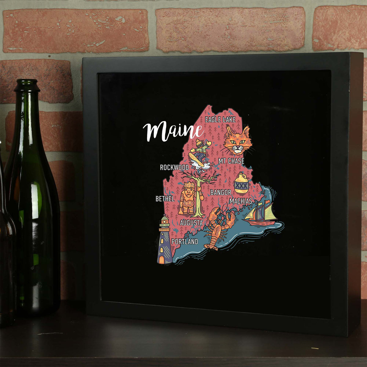 Torched Products Barware Maine / Black State Map Design Shadow Box