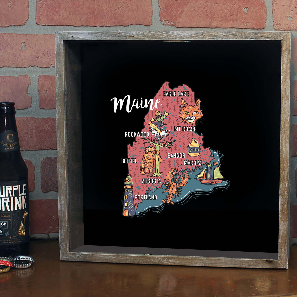 Torched Products Barware Maine / Black State Map Design Shadow Box