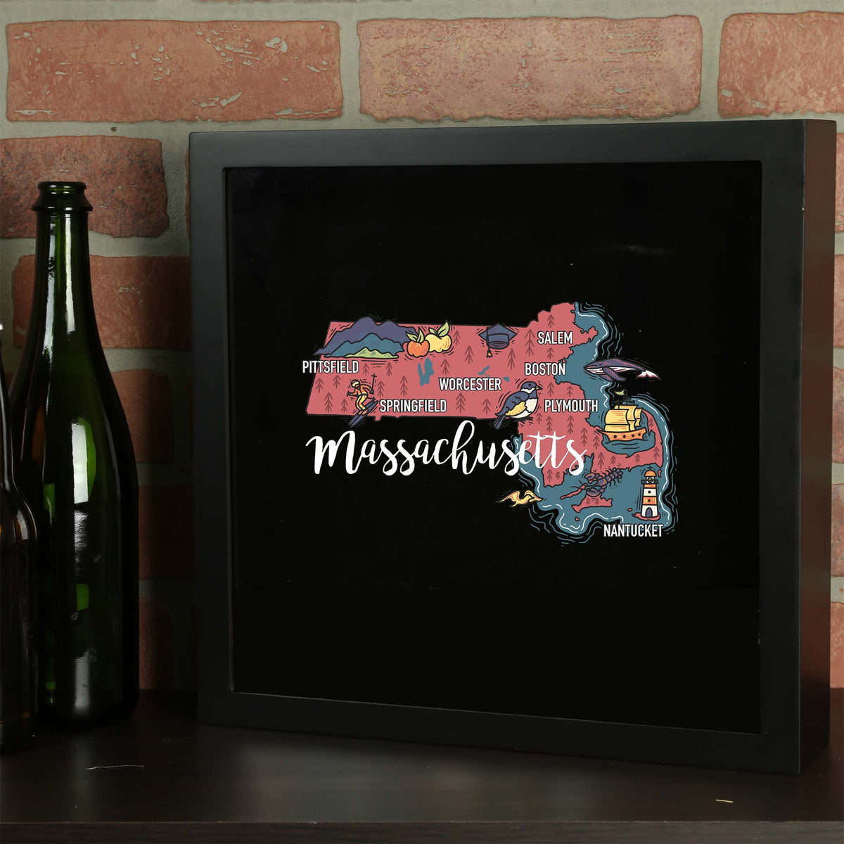 Torched Products Barware Massachusetts / Black State Map Design Shadow Box