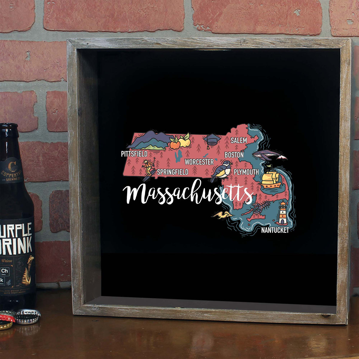 Torched Products Barware Massachusetts / Gray State Map Design Shadow Box