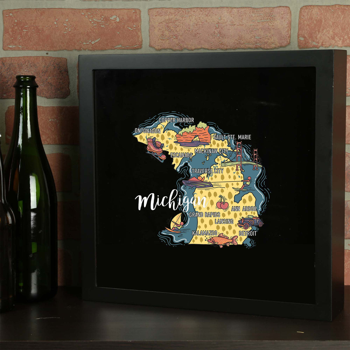 Torched Products Barware Michigan / Black State Map Design Shadow Box