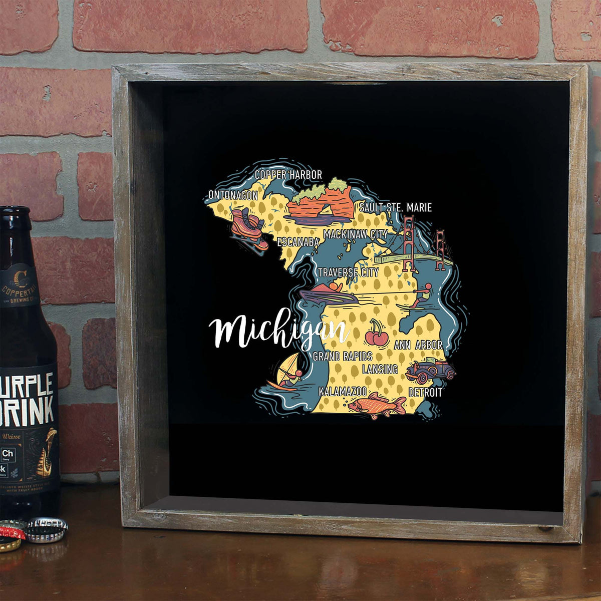 Torched Products Barware Michigan / Gray State Map Design Shadow Box
