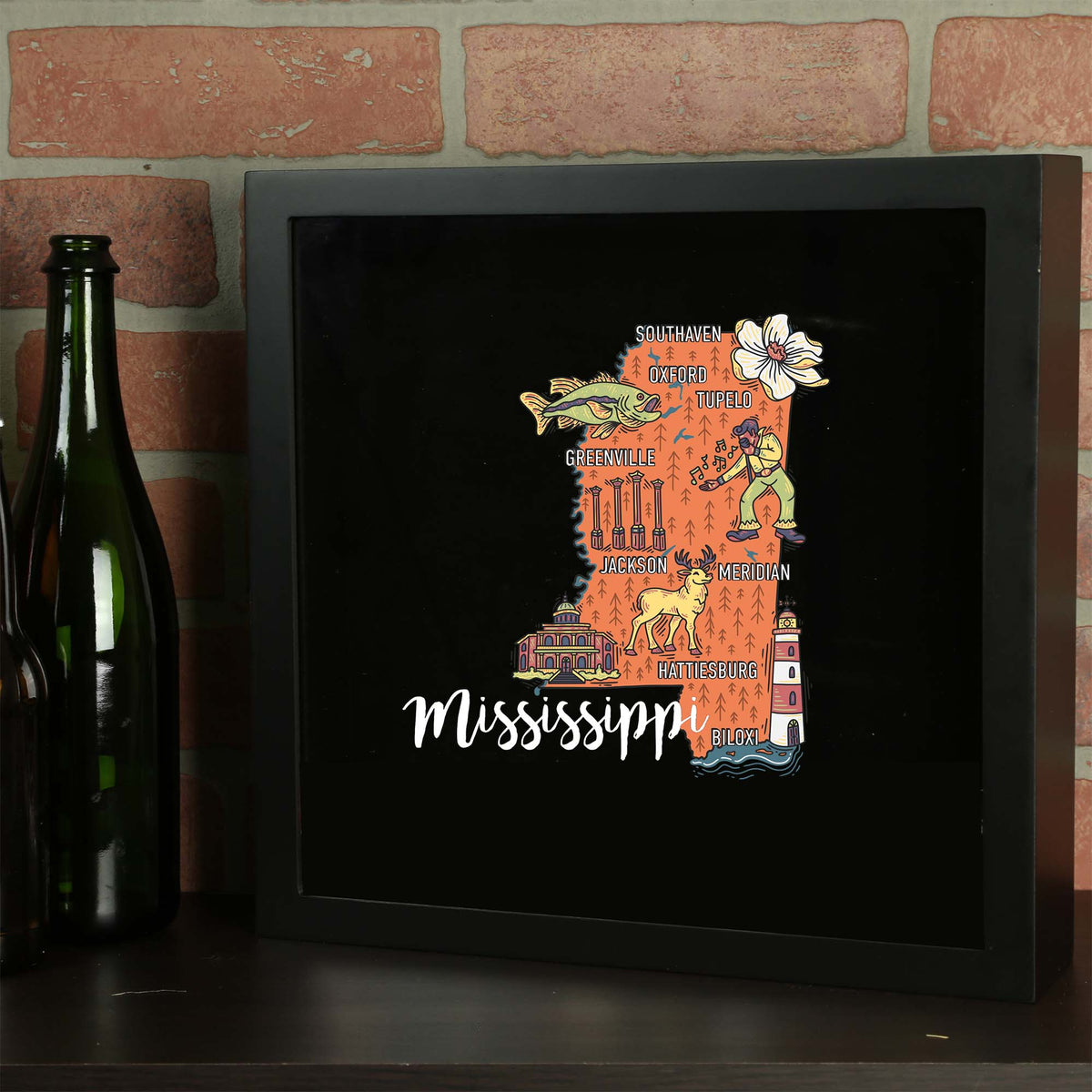 Torched Products Barware Mississippi / Black State Map Design Shadow Box