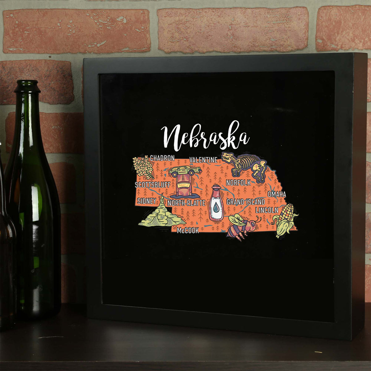 Torched Products Barware Nebraska / Black State Map Design Shadow Box