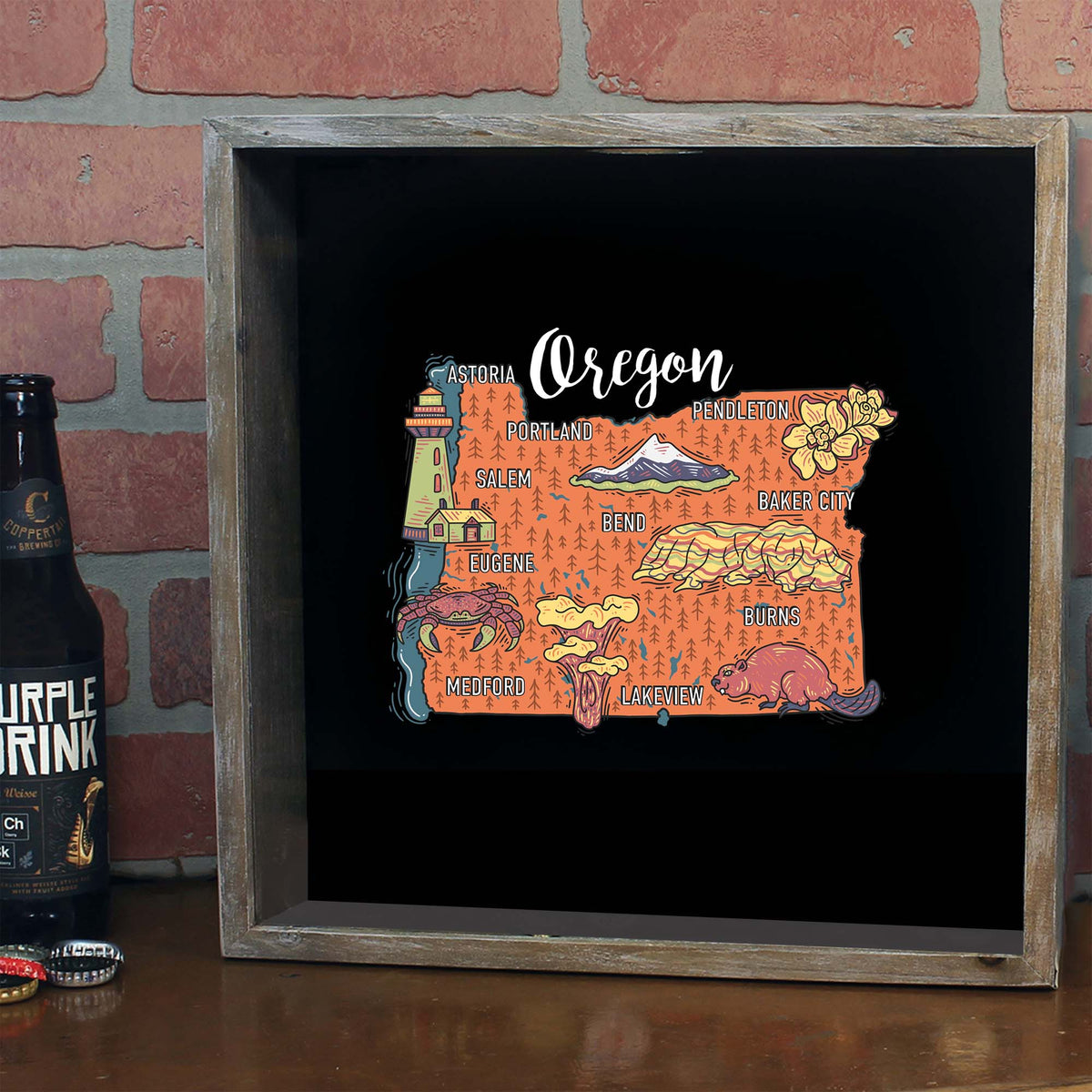 Torched Products Barware Oregon / Gray State Map Design Shadow Box