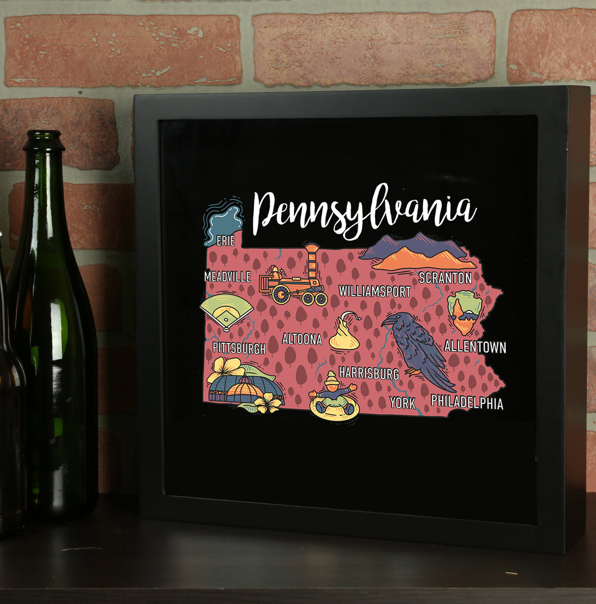 Torched Products Barware Pennsylvania / Black State Map Design Shadow Box