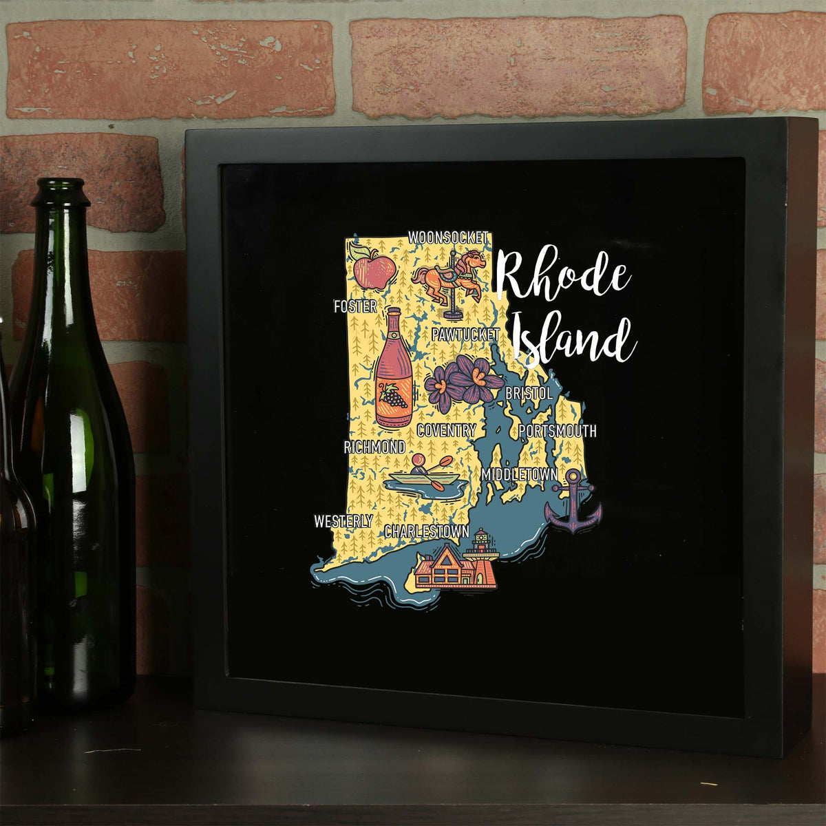 Torched Products Barware Rhode Island / Black State Map Design Shadow Box