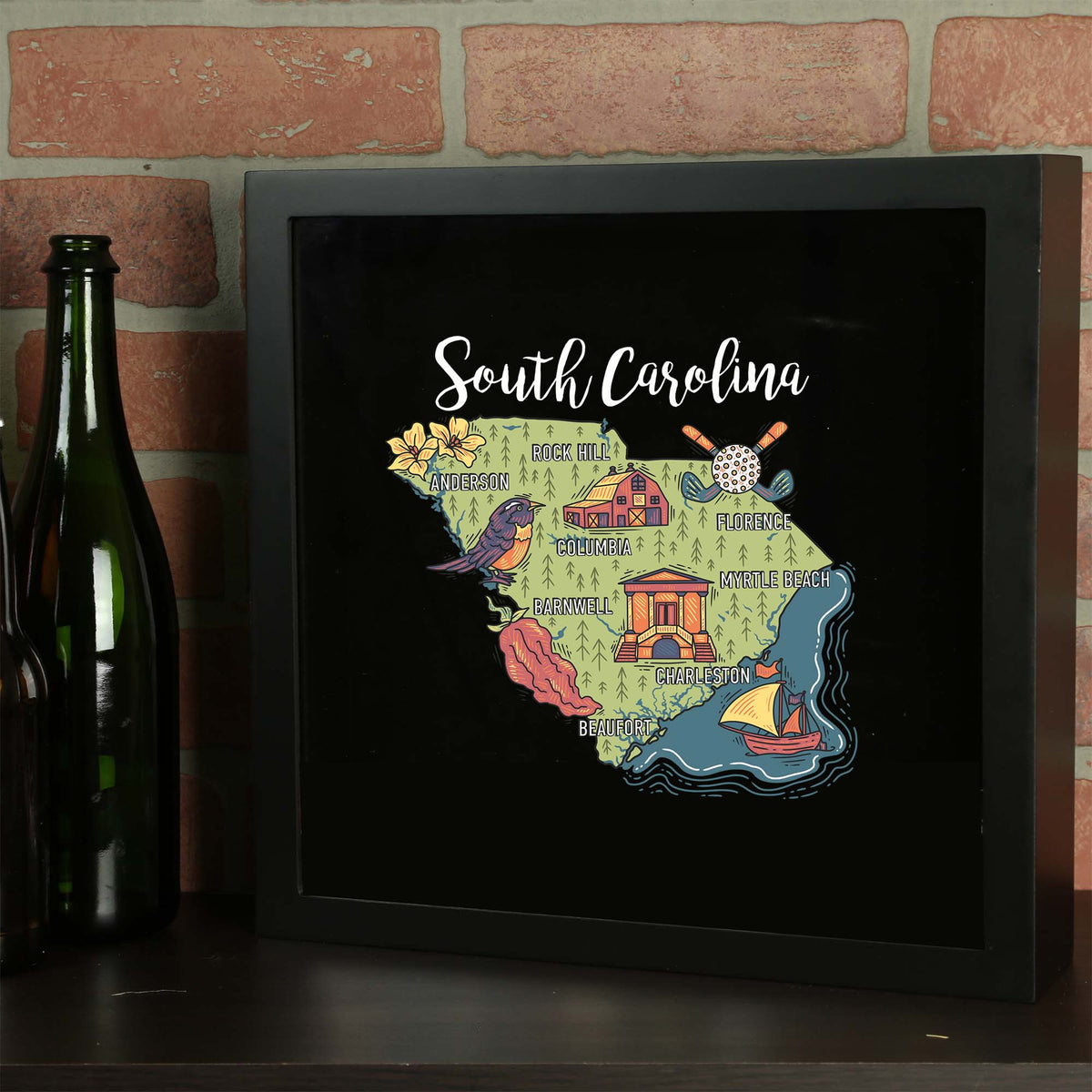 Torched Products Barware South Carolina / Black State Map Design Shadow Box