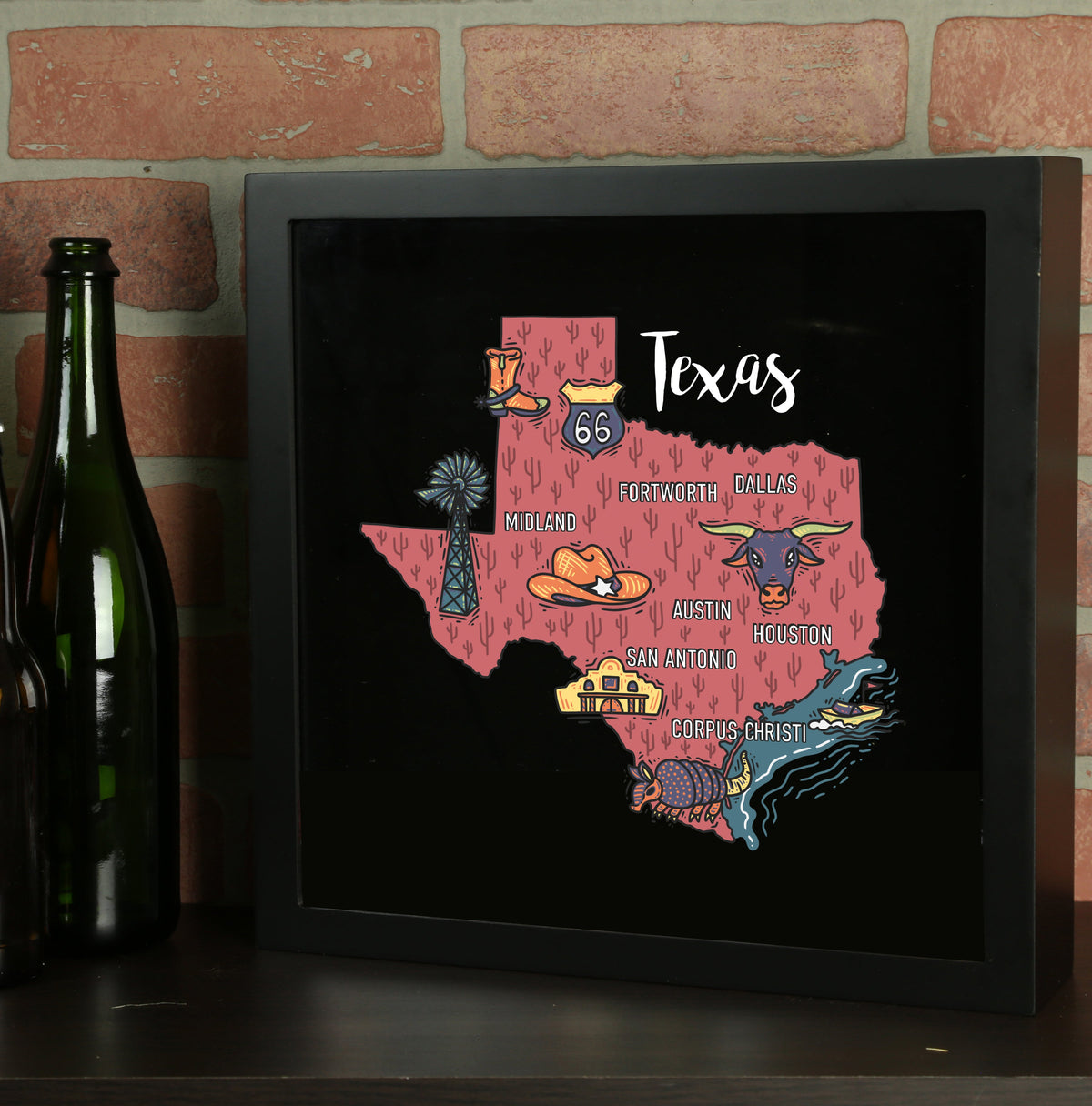 Torched Products Barware Texas / Black State Map Design Shadow Box