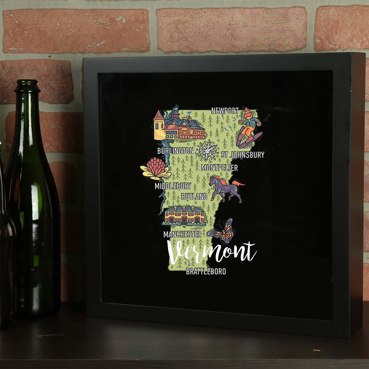 Torched Products Barware Vermont / Black State Map Design Shadow Box