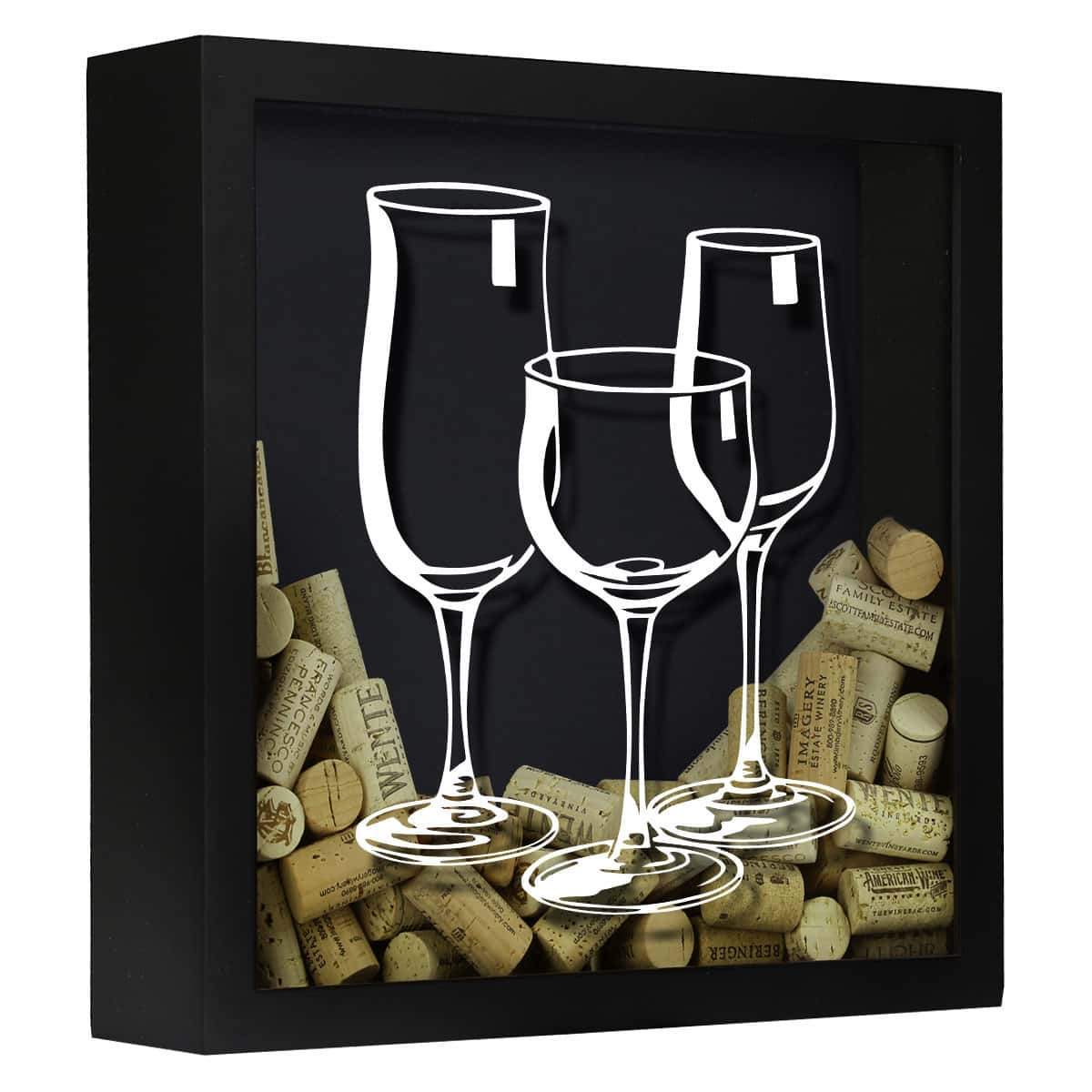 Torched Products Shadow Box Black Three Wine Glasses Wine Cork Shadow Box (778753114229)