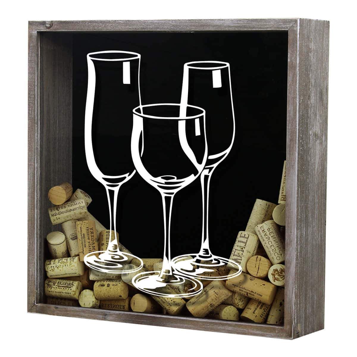 Torched Products Shadow Box Gray Three Wine Glasses Wine Cork Shadow Box (778753114229)
