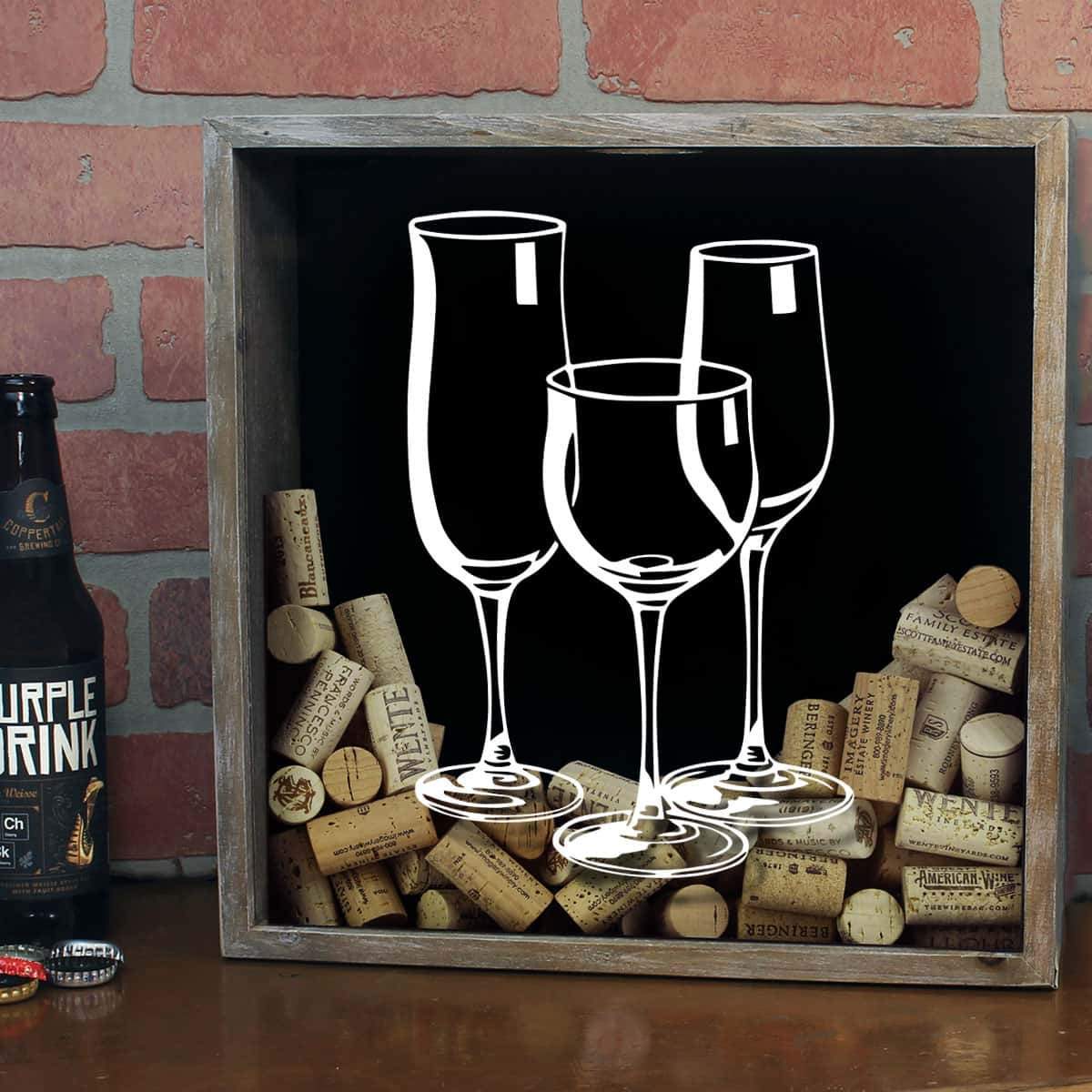 Torched Products Shadow Box Three Wine Glasses Wine Cork Shadow Box (778753114229)