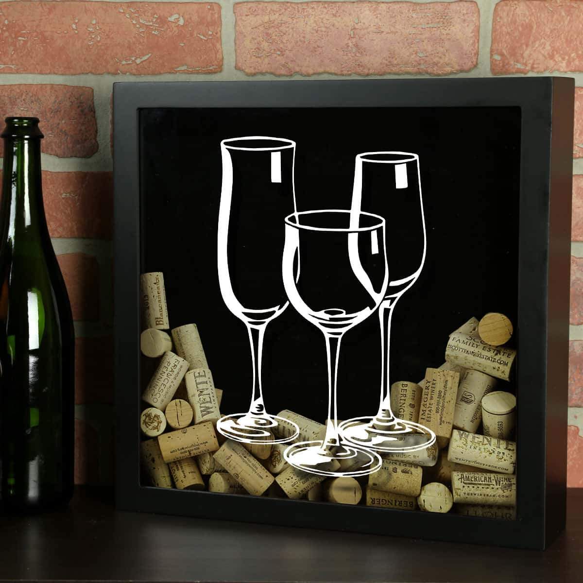 Torched Products Shadow Box Black Three Wine Glasses Wine Cork Shadow Box (778753114229)