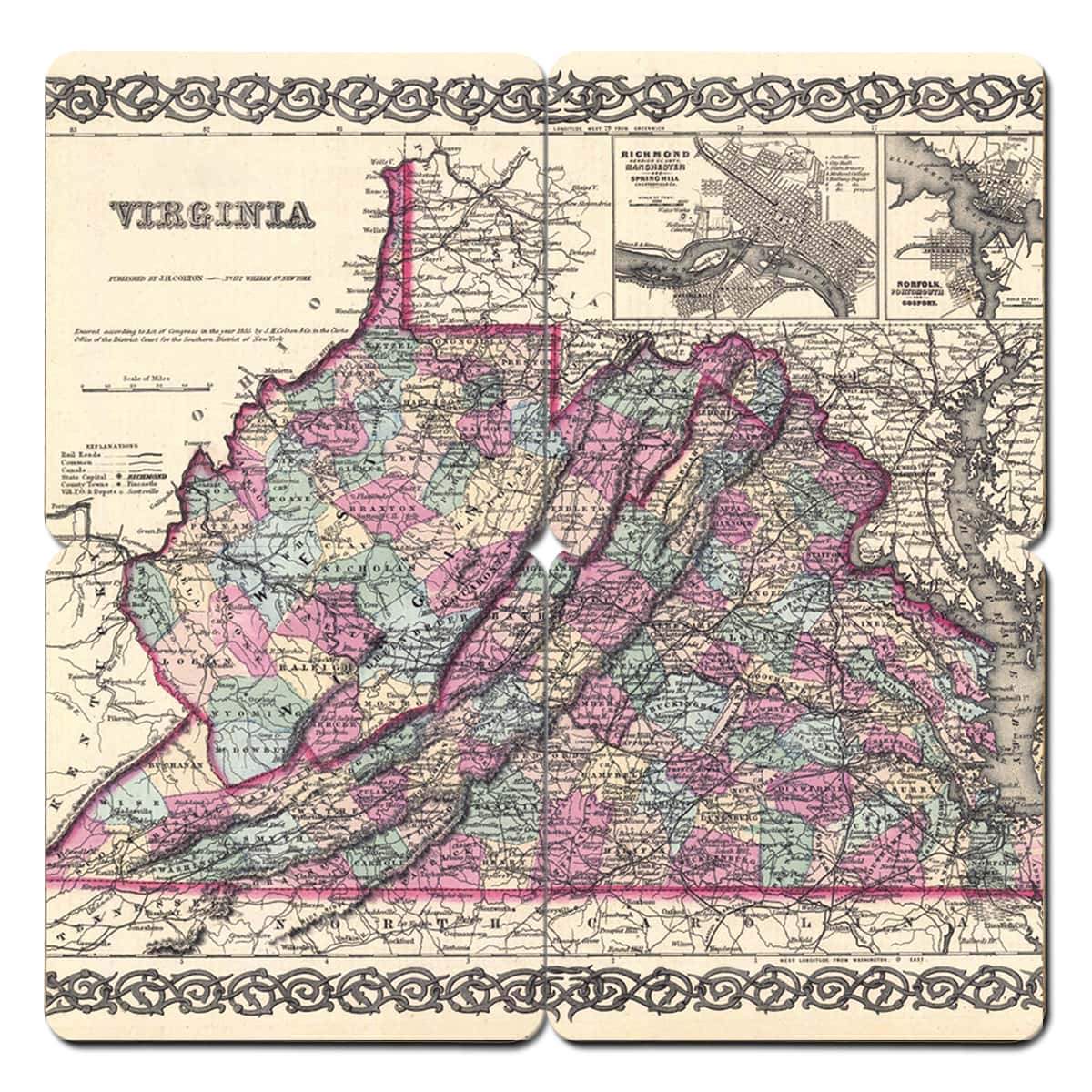 Torched Products Coasters Virginia Old World Map Coaster (790603104373)