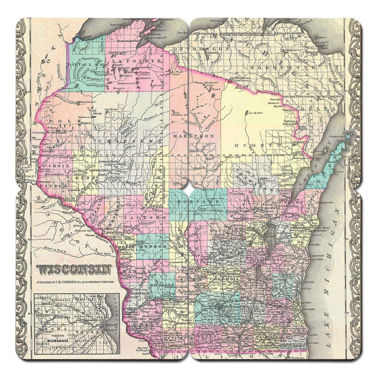 Torched Products Coasters Wisconsin Old World Map Coaster (790603235445)